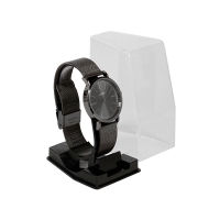 Écrin montre avec support en plastique noir et couvercle transparent