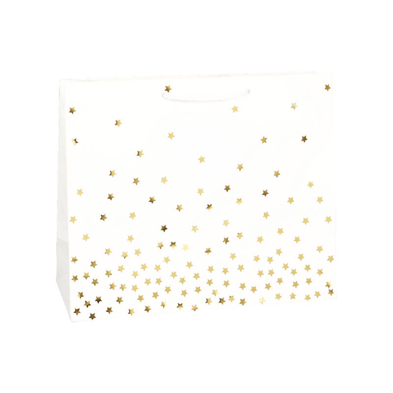 Sacs papier mat blanc, étoiles dorées, dorure à chaud 32,7 x 13,6 x H 26,4cm, 157g