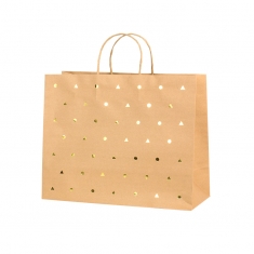 Sacs papier kraft naturel, triangles/pois dorés, 26,4 x 13,6 x H 32,7 cm, 120 g