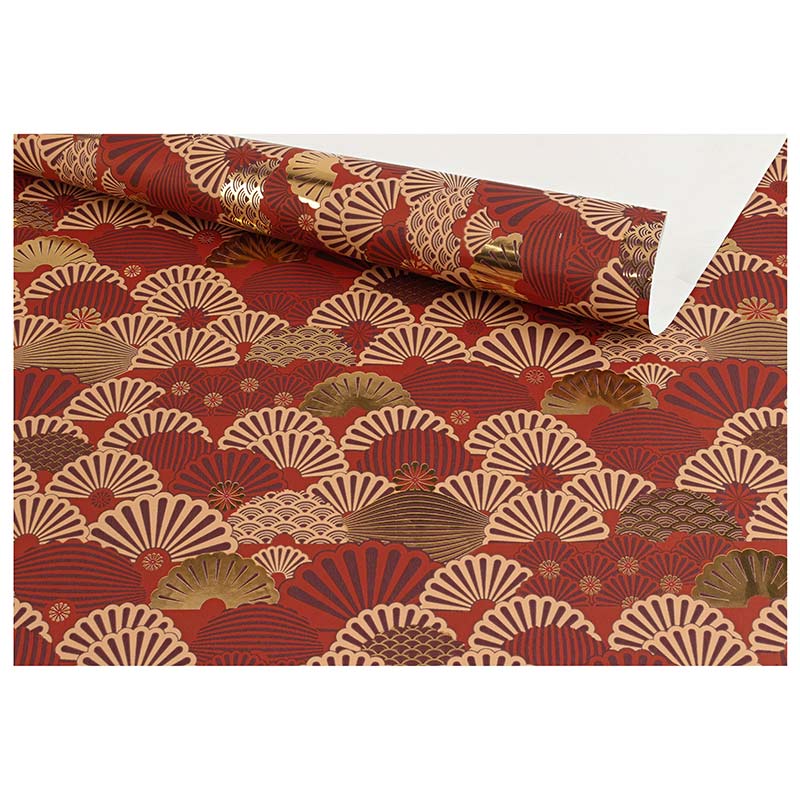Papier cadeau fond rouge, motifs éventails dorés brillant et violet 0,70 x 25m, 80g
