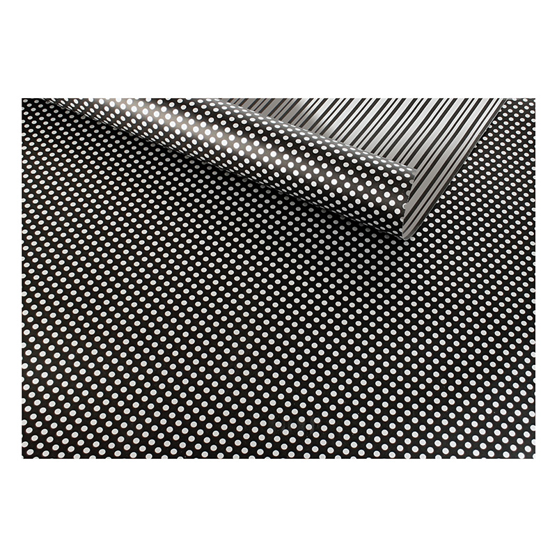 Papier cadeau réversible, fond noir, rayures et pois argentés, 0,70 x 25m