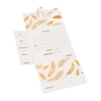 Bons-cadeaux papier blanc, motifs plumes, dorure à chaud dorée