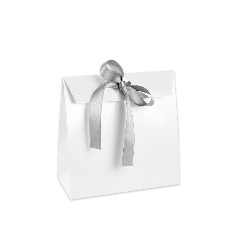 Pochettes papier blanc brillant, ruban satin gris 190g - 10 x 6,5 x H 10cm