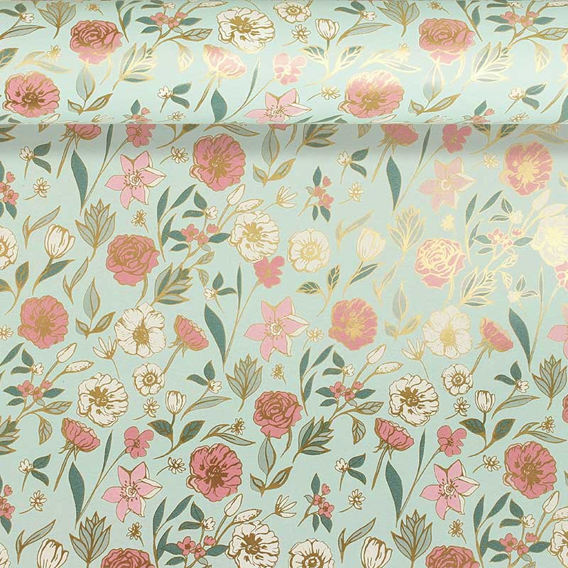 Papier cadeau fond turquoise, motif fleuri rose, blanc et doré, 0,70 x 25m, 80g
