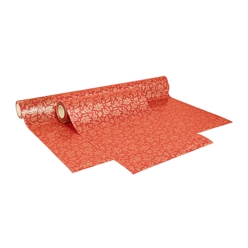 Papier cadeau rouge brillant imprimé fleurs dorées mat 0,35 x 50m, 70g