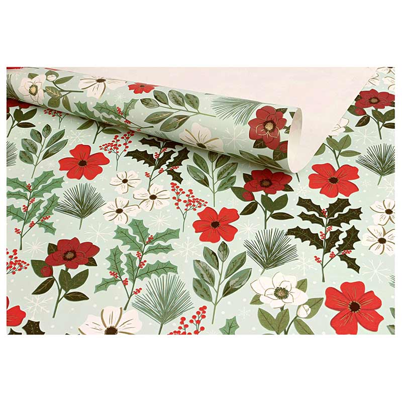 Papier cadeau fond vert d\\\'eau, motifs fleurs rouges et vertes 0,70 x 25m