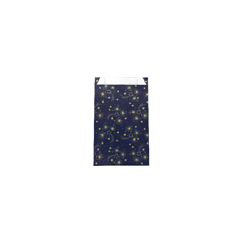 Sachets cadeau bleu marine brillant imprimé étoiles dorées mat 7 x 12cm, 70g (x125)