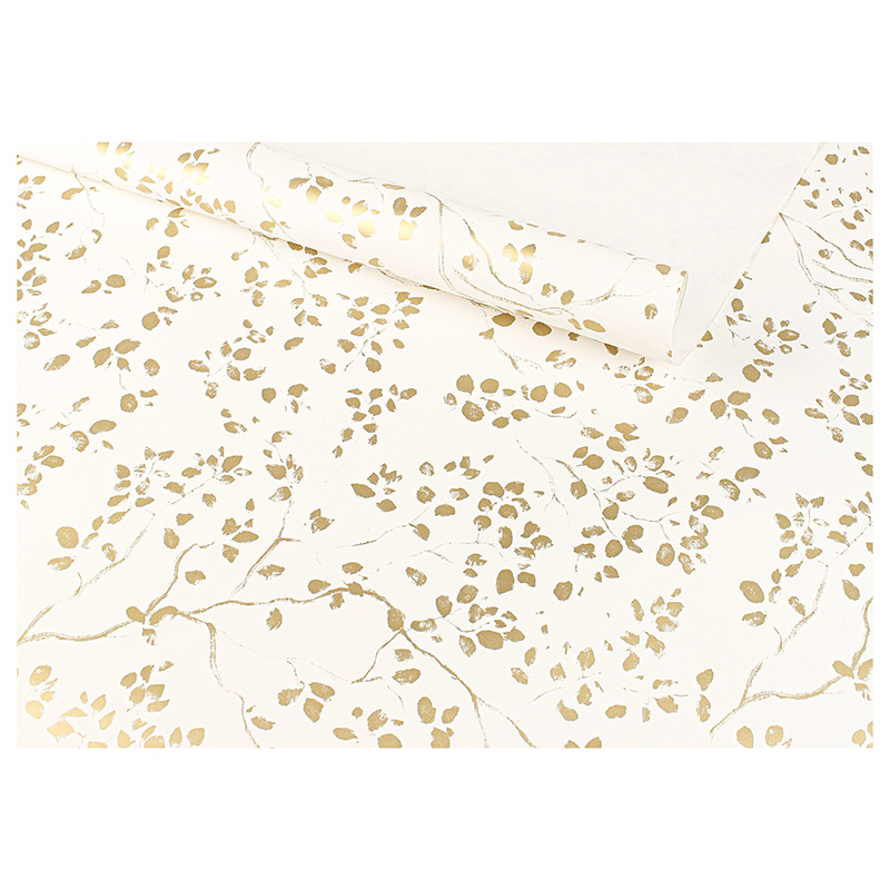 Papier cadeau fond blanc, feuillage doré, 0,70 x 25m, 80g