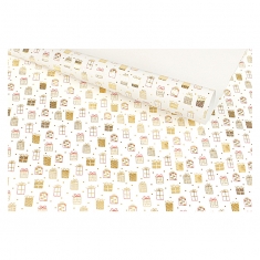 Papier cadeau fond blanc, paquets cadeaux dorés métallisés, 0,70 x 25m