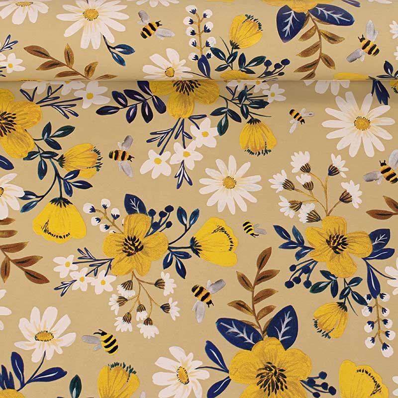 Papier cadeau fond crème, motifs fleurs jaunes, bleues et blanches, 0,70 x 25m, 80g