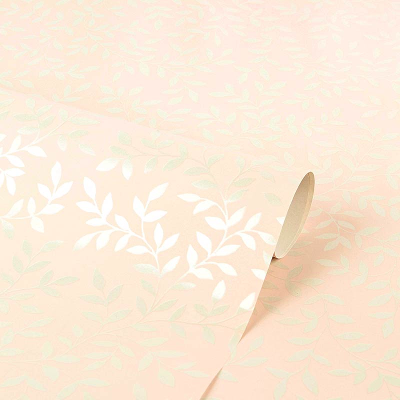 Papier cadeau fond mat rose pastel, feuilles blanches irisées, 0,70 x 25m