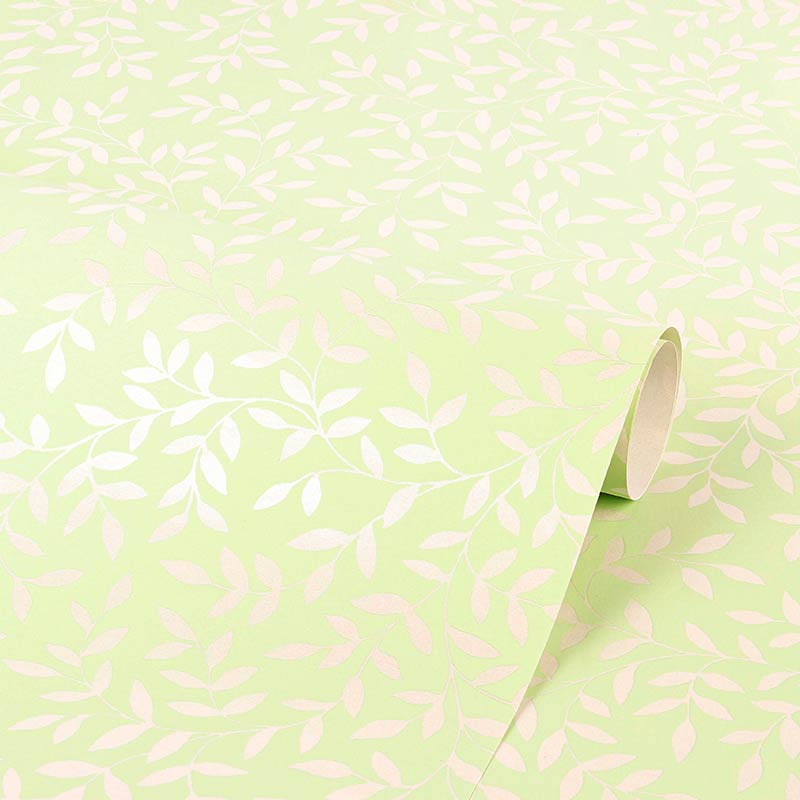 Papier cadeau fond mat vert pastel, feuilles blanches irisées, 0,70 x 25m