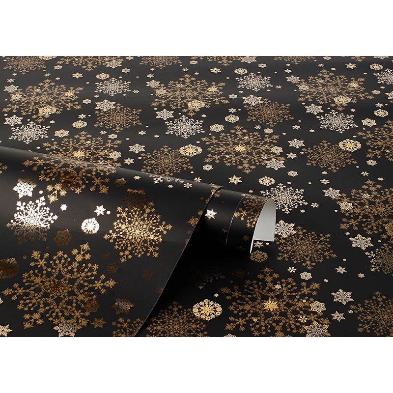Papier cadeau fond noir, flocons dorés métallisés 0,70 x 25m
