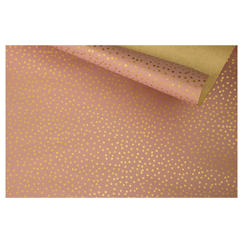 Papier cadeau réversible kraft, rose et naturel motifs petits pois dorés 0,70 x 25m