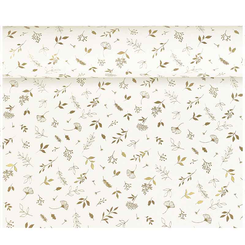 Papier cadeau fond blanc, motifs feuillages dorés 0,70 x 25m, 80g