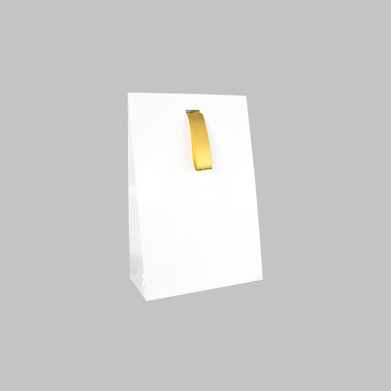 Pochettes papier brillant blanc à ruban doré 170 g, 13 x 7 x H 20 cm
