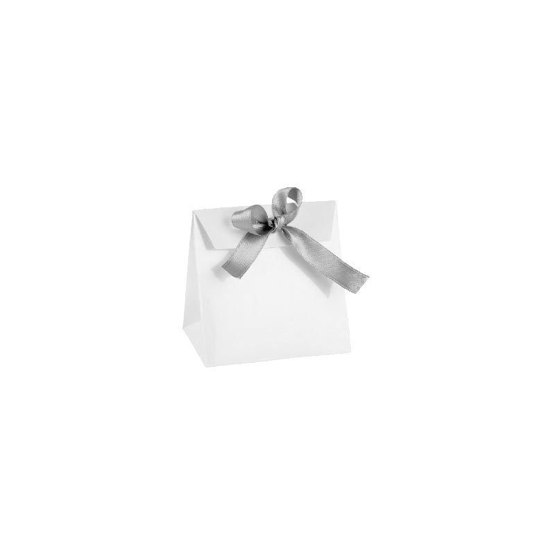 Pochettes papier blanc brillant, ruban satin gris 190g - 10 x 6,5 x H 10cm