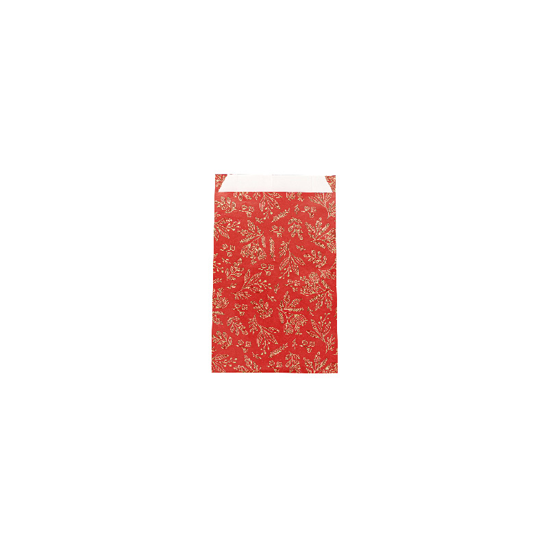 Sachets cadeau rouge brillant imprimé fleurs dorées mat 7 x 12cm, 70g (x250)