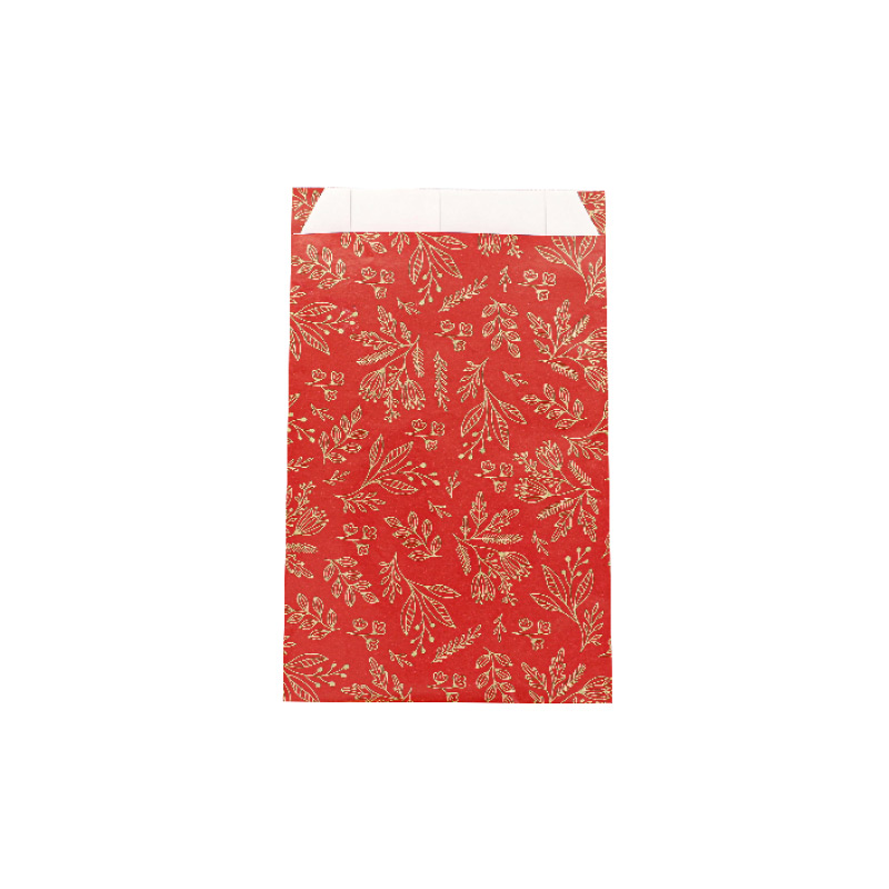 Sachets cadeau rouge brillant imprimé fleurs dorées mat 12 x 4,5 x 20cm, 70g (x250)