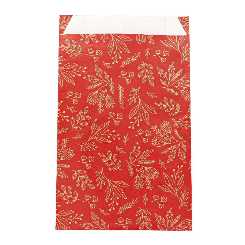 Sachets cadeau rouge brillant imprimé fleurs dorées mat 18 x 6 x 35cm, 70g (x250)