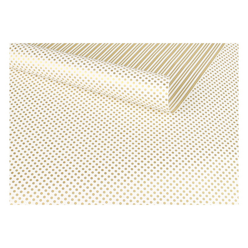 Papier cadeau réversible, fond blanc, rayures et pois dorés