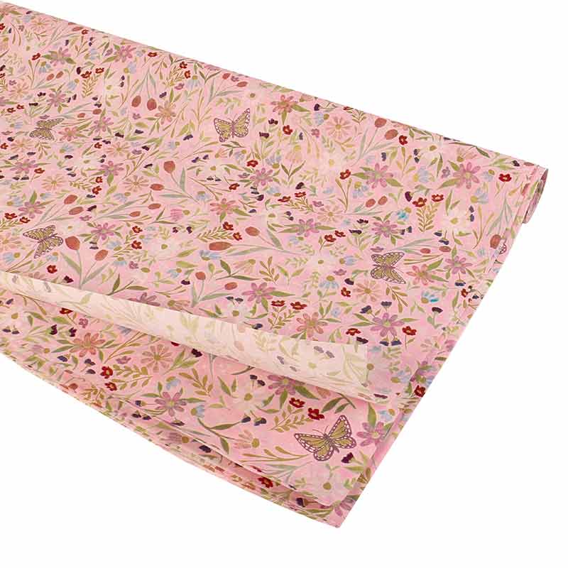 Papier de soie fond rose, motif printanier multicolore