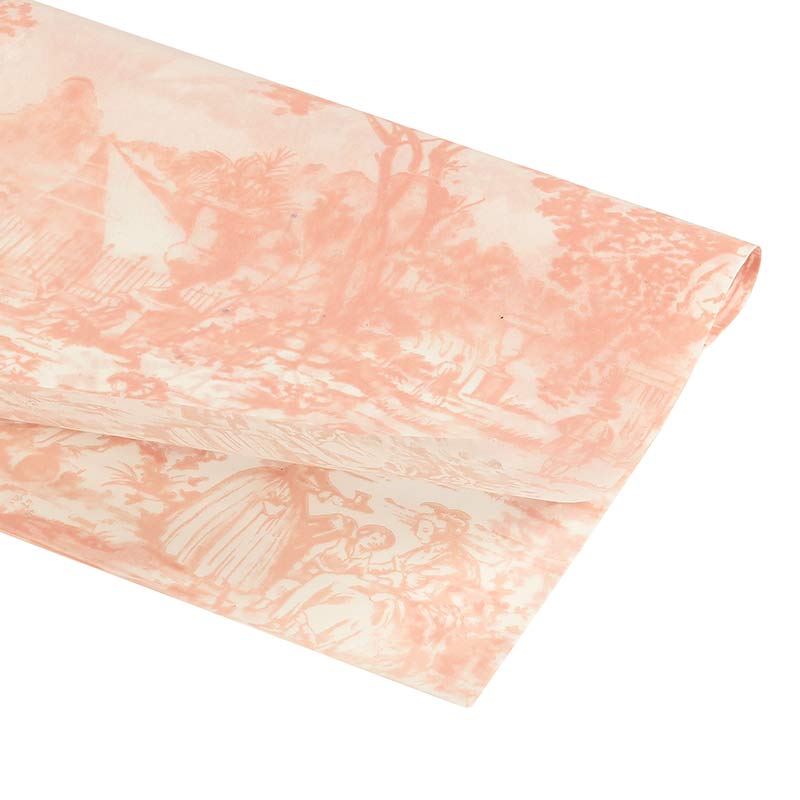 Papier de soie fond blanc, motif jardin rose pêche