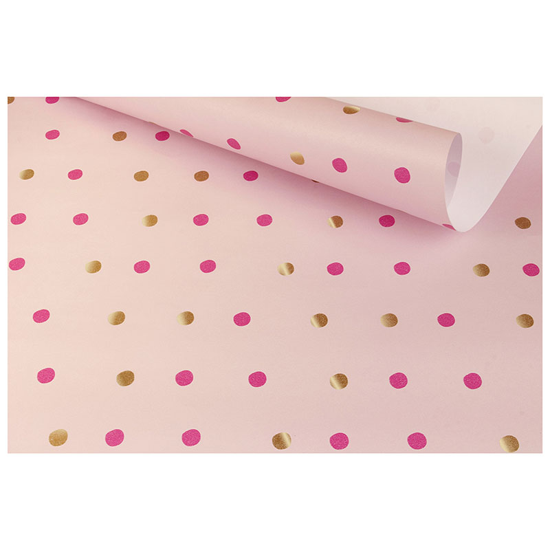 Papier cadeau fond rose clair, pois dorés et fuchsia 0,70 x 25m