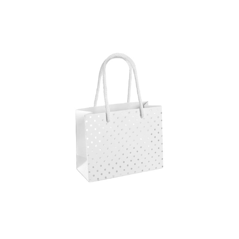 Sacs papier mat blanc, pois couleur argent, 14 x 11,4 x H 6,4 cm, 190g