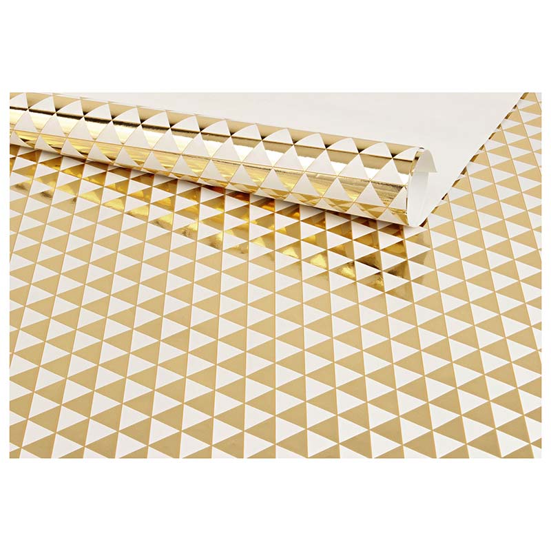 Papier cadeau fond blanc, triangles dorés brillants 0,70 x 25m, 80g