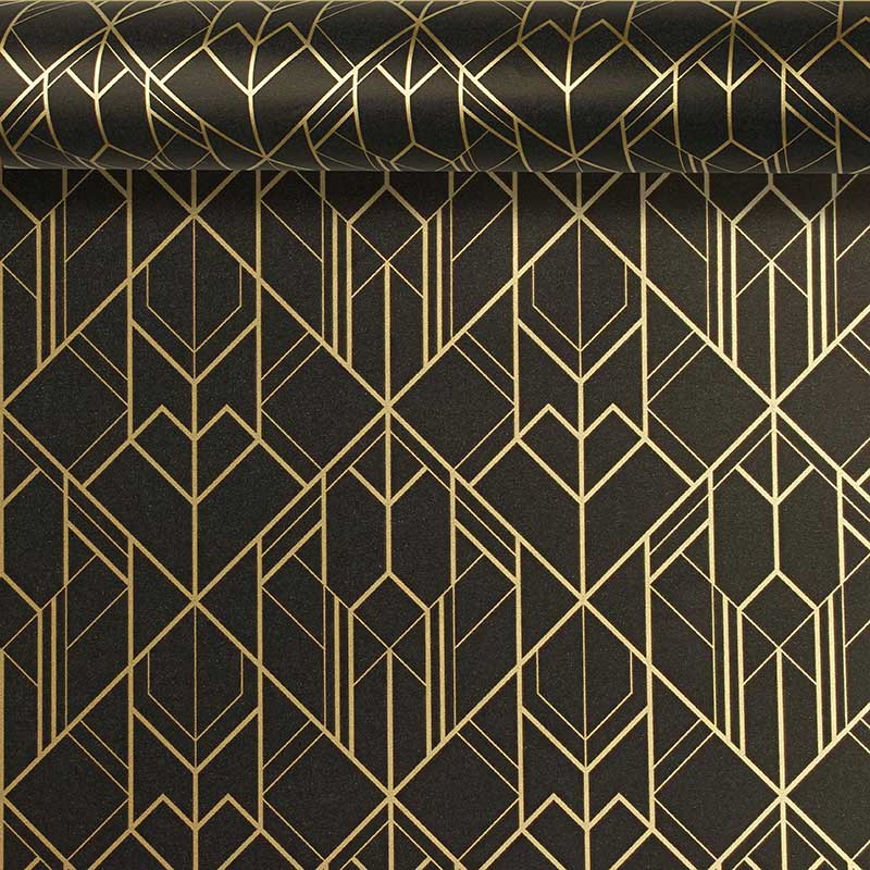 Papier cadeau mat fond noir, motif géométrique doré 0,70 x 25m, 80g