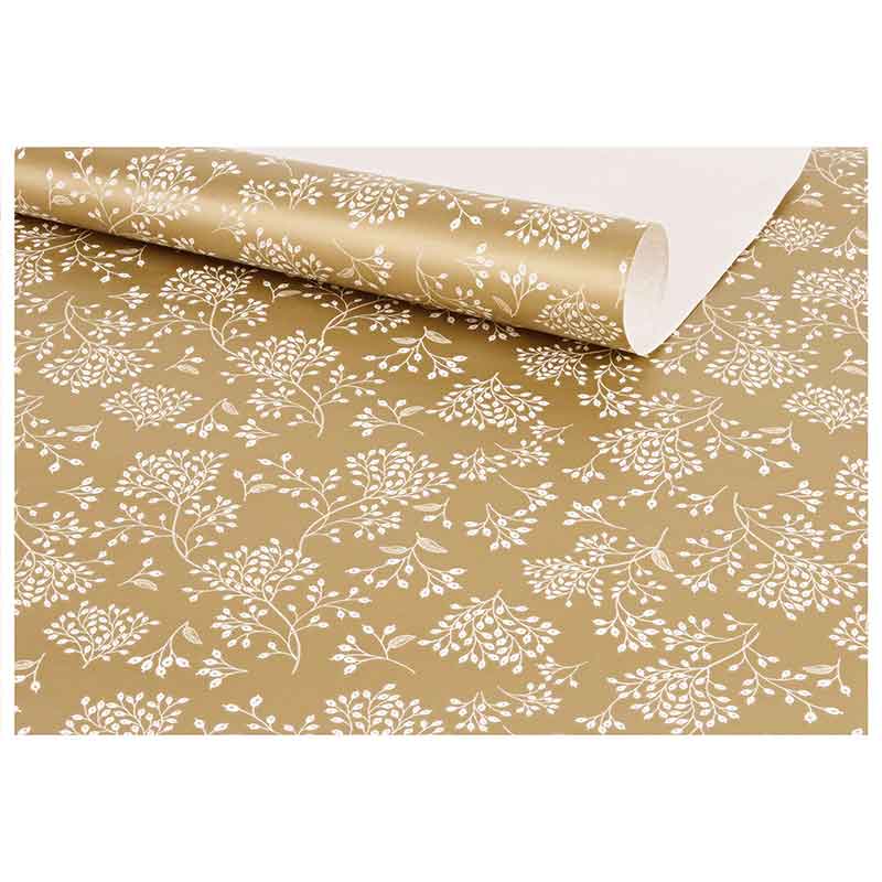 Papier cadeau fond doré mat, motif guis blancs 0,70 x 25m