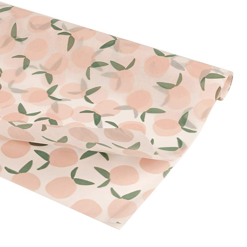 Papier de soie fond blanc, motifs pêches rose clair