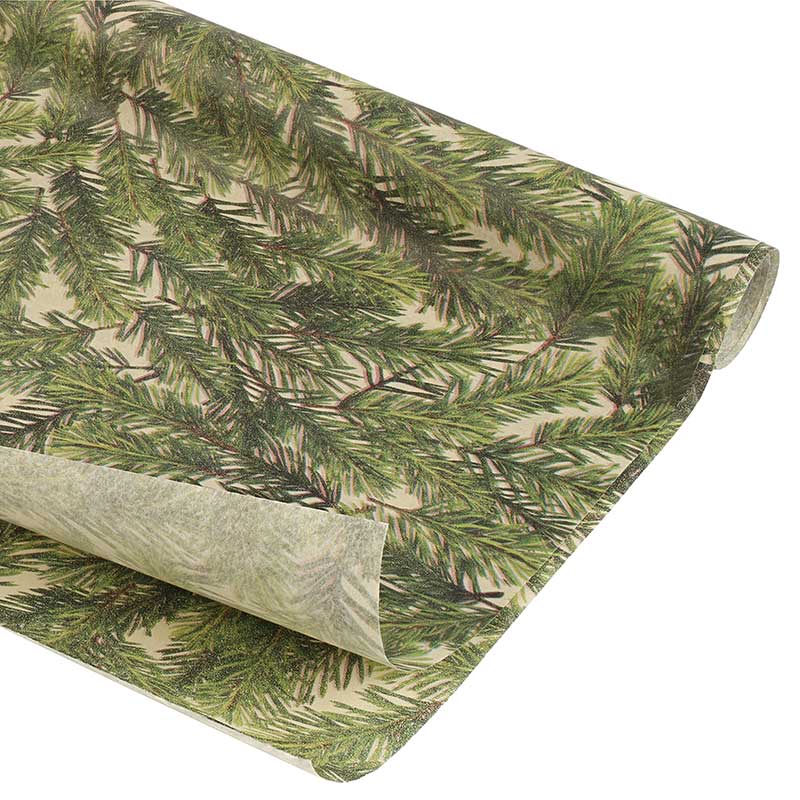 Papier de soie fond vert, motif branches de sapin vertes