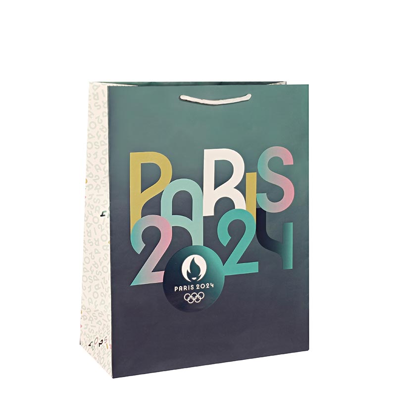 Sacs papier mat bleu à motif coloré JO Paris 2024, 32 x 14 x H 40cm, 220g