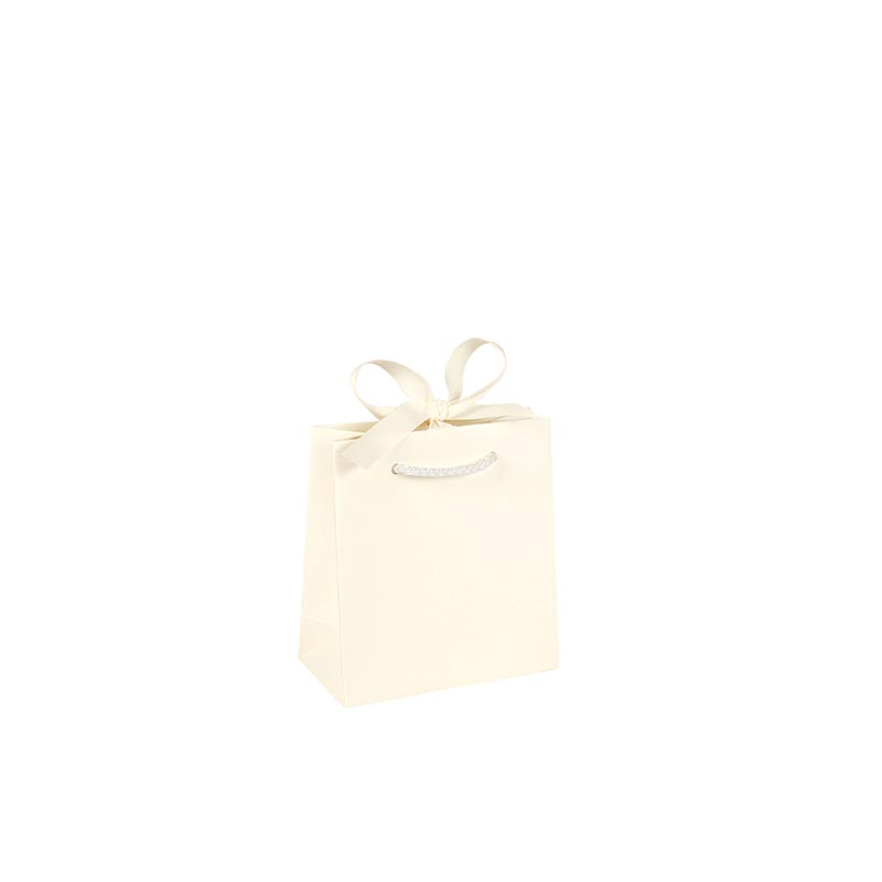 Sacs papier satiné écru, ruban écru, 14 x 7 x H 15cm, 210g