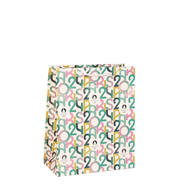Sacs papier mat blanc à motif coloré JO Paris 2024, 26 x 13 x H 32cm, 220g