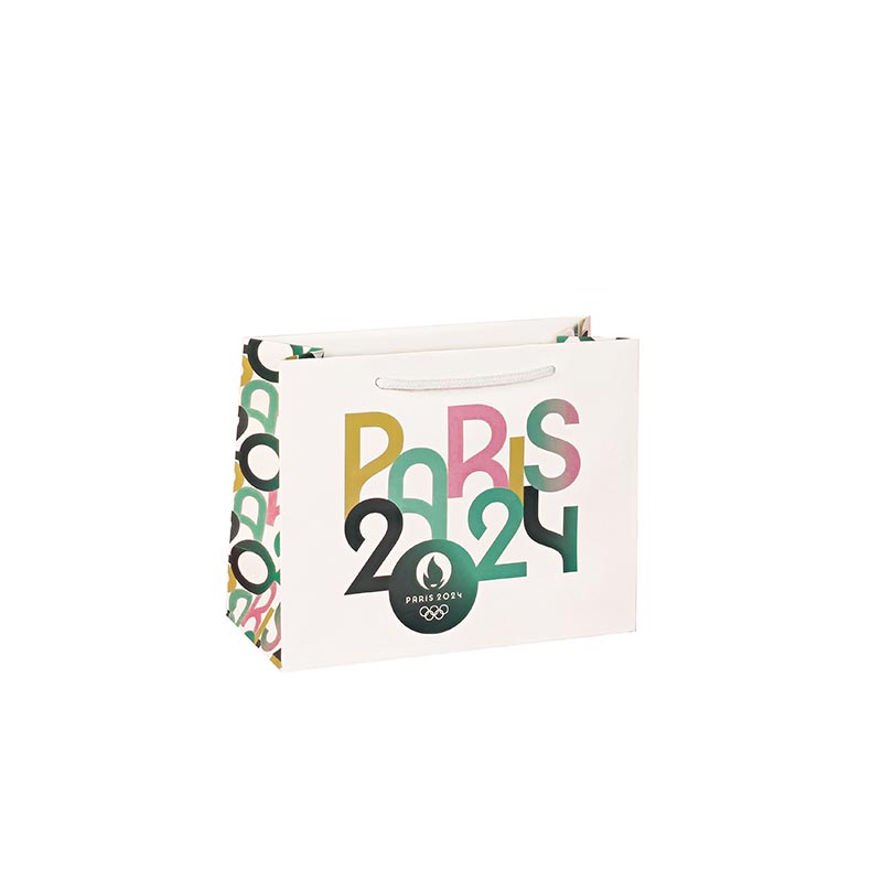 Sacs papier mat blanc à motif coloré JO Paris 2024, 18 x 10 x H 23cm, 220g