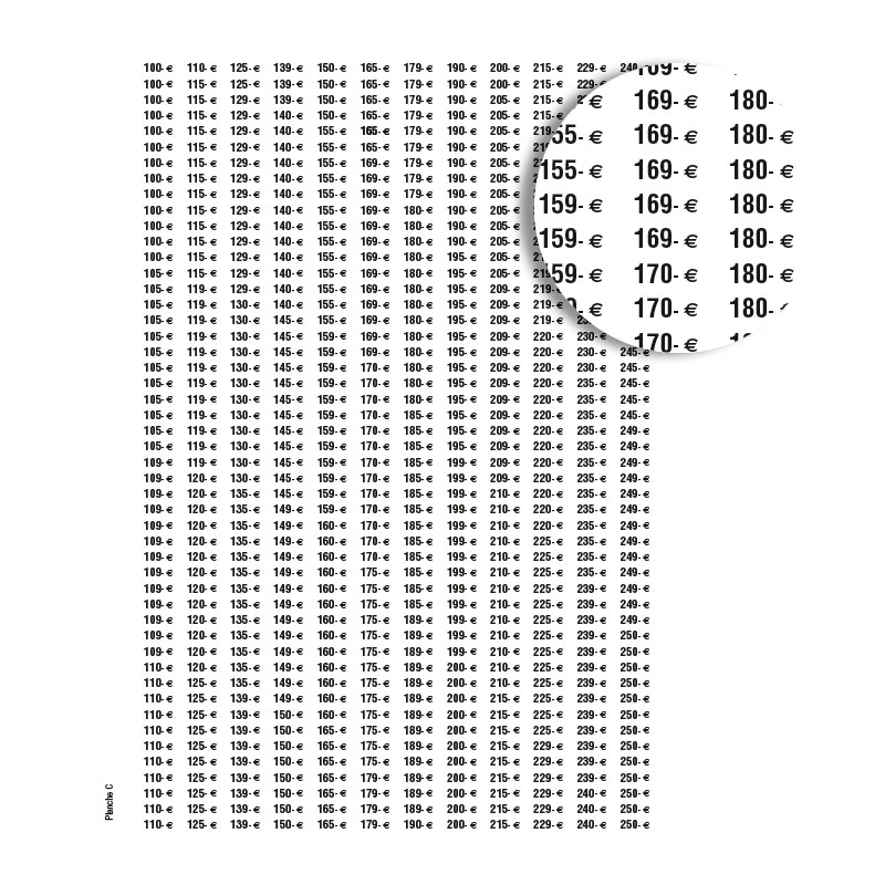 Planche de 588 étiquettes adhésives de prix - de 100 à 250 euros