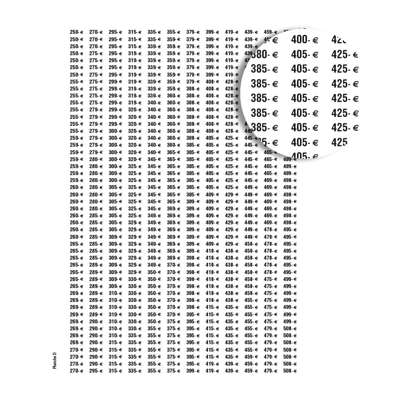 Planche de 588 étiquettes adhésives de prix - de 250 à 500 euros