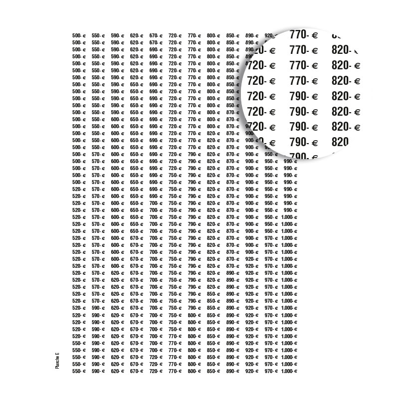 Planche de 588 étiquettes adhésives de prix - de 500 à 1000 euros