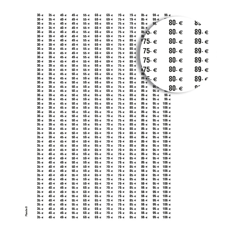 Planche de 588 étiquettes adhésives de prix - de 30 à 100 euros