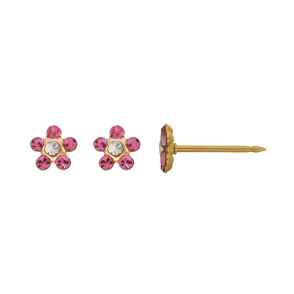 Perçage d'oreilles Inverness Fleur acier doré à l'or fin orné de cristaux rose/blanc