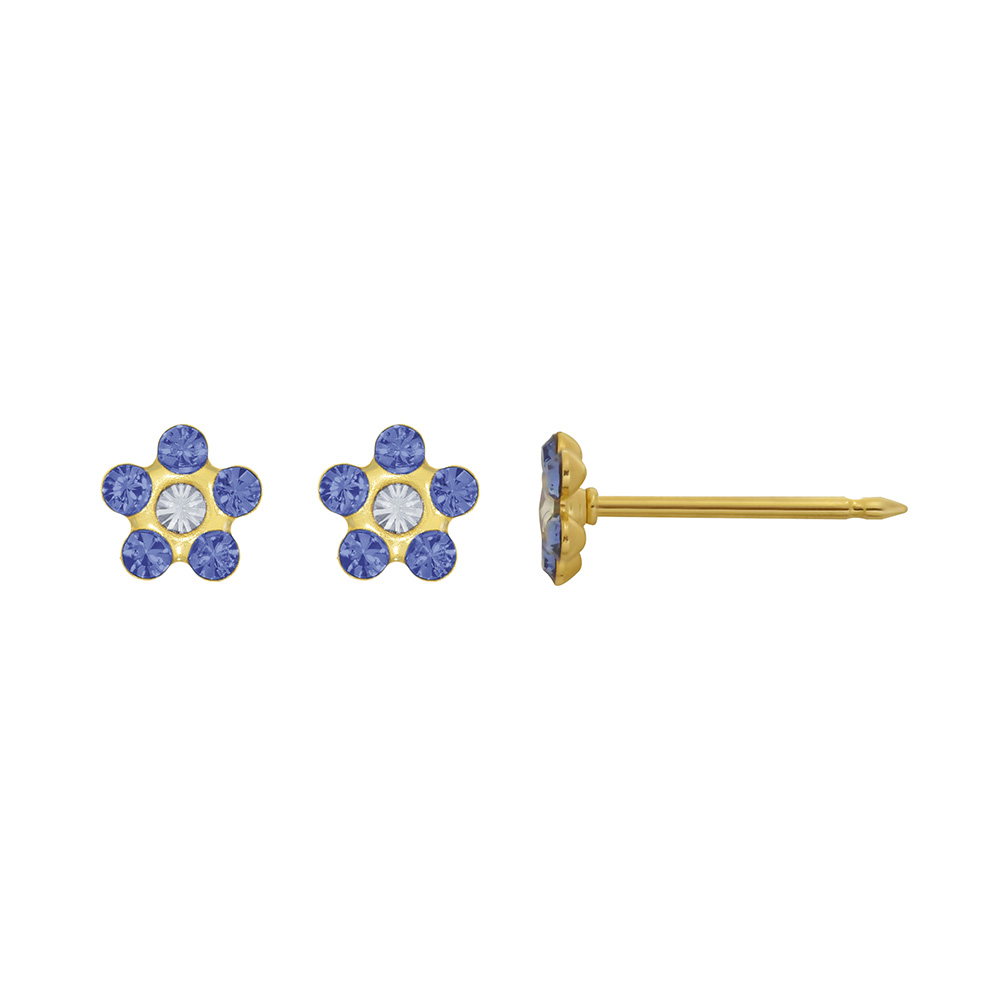 Perçage d\\\'oreilles Inverness Fleur acier doré or fin orné de cristaux bleu/blanc