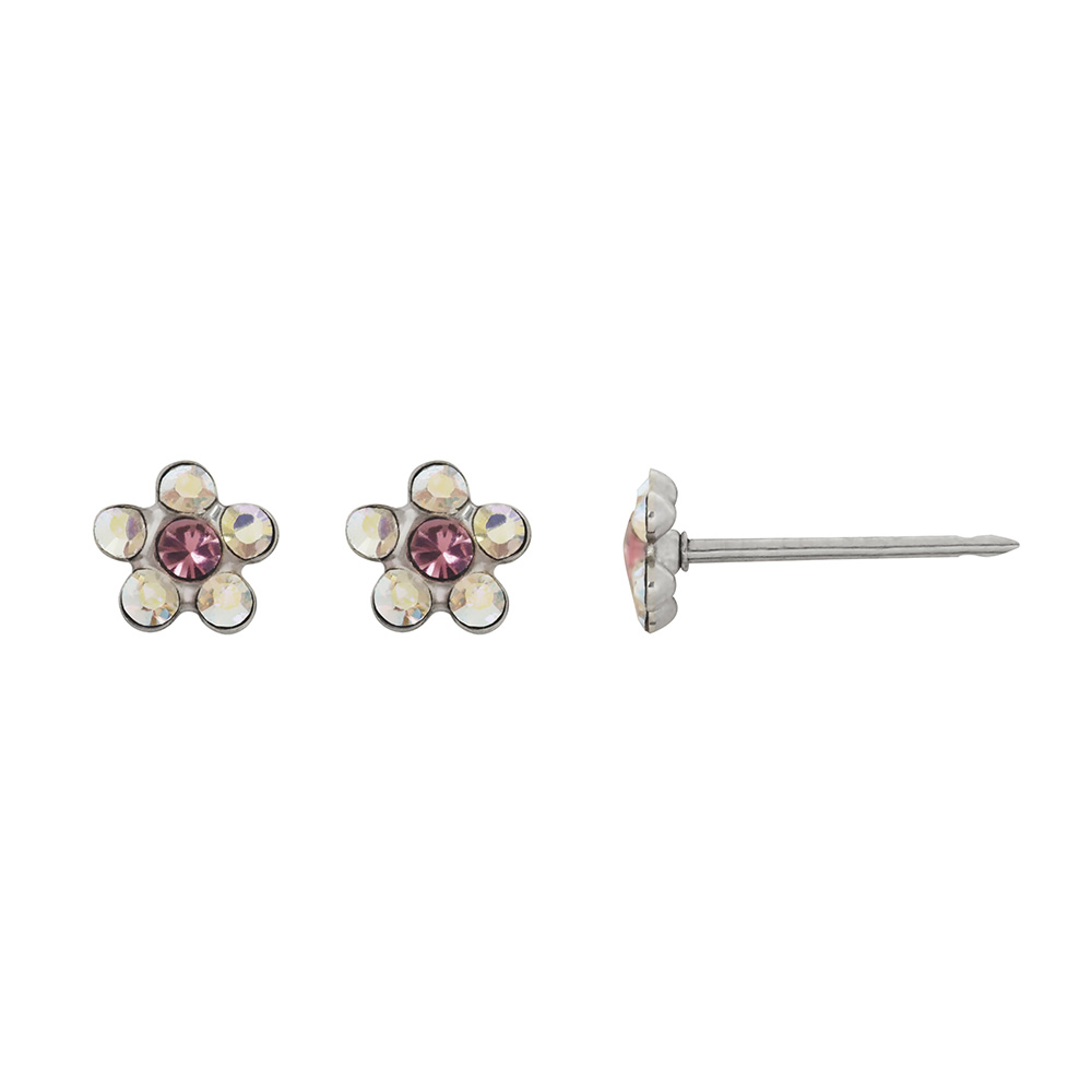 Perçage d'oreilles Inverness Fleur acier inoxydable orné de cristaux blanc et rose