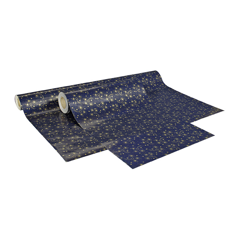 Papier cadeau bleu marine brillant imprimé étoiles dorées mat 0,35 x 50m, 70g