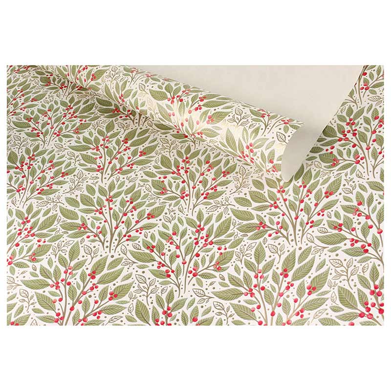 Papier cadeau fond couleur crème, motifs branches houx vertes 0,70 x 25m, 80g