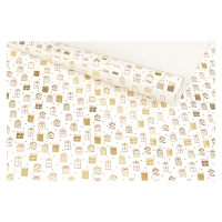 Papier cadeau fond blanc, paquets cadeaux dorés métallisés, 0,70 x 25m