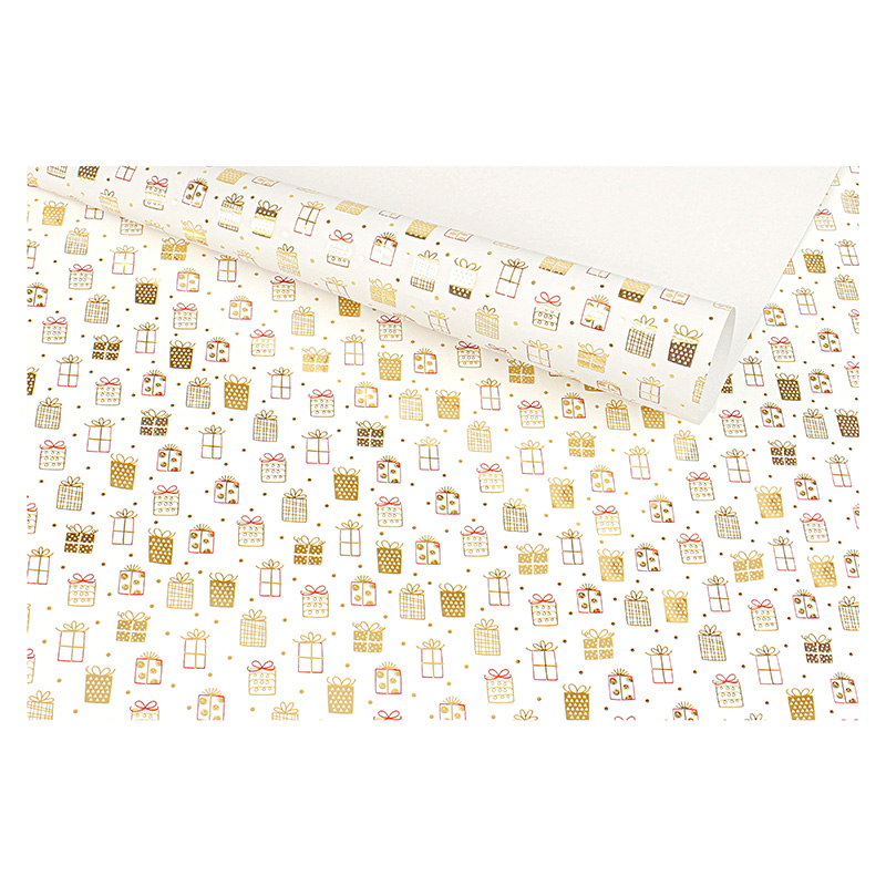 Papier cadeau fond blanc, paquets cadeaux dorés métallisés, 0,70 x 25m