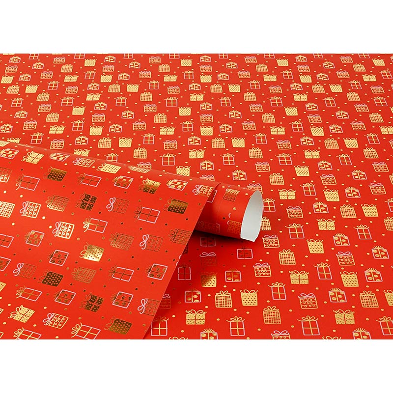 Papier cadeau fond rouge, paquets cadeaux dorés métallisés, 0,70 x 25m